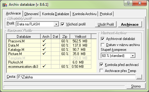 - 23 - Archivace databáze Spustíte v menu Služby > Archivace systému. Nejprve je třeba definovat archivační profily. Klikněte do pole Profil a zadejte název, např. Data na flash.