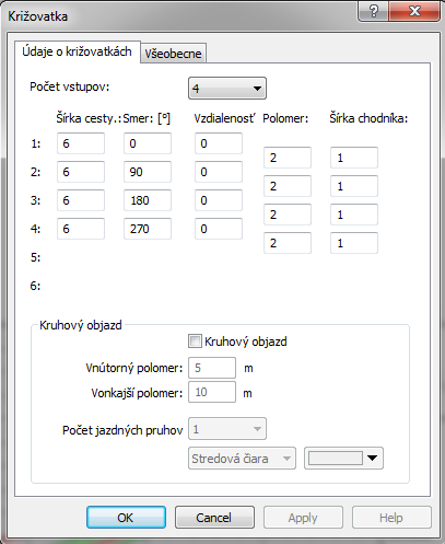 Údaje o křižovatkách: V této záložce nejprve nastavte Počet vstupů, potom můžete pro každý vstup určit Šířku cesty, Směr, Posunutí (odchylka od středového bodu), Poloměr vyústění a Šířku chodníků.