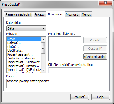 1.2.3 Klávesnice Jednotlivým příkazem můžete na záložce klávesnice přiřadit klávesové zkratky (např. Možnosti/nastavení Ctrl+E v obrázku níže).