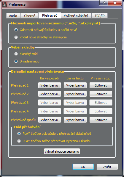 Nastavení přehrávačů: 1. V horním řádku programu vyberte rozbalovací nabídku Volby a potom Preference 2. Vyberte záložku Přehrávač V této nabídce nastavíte základní parametry jednotlivých přehrávačů.