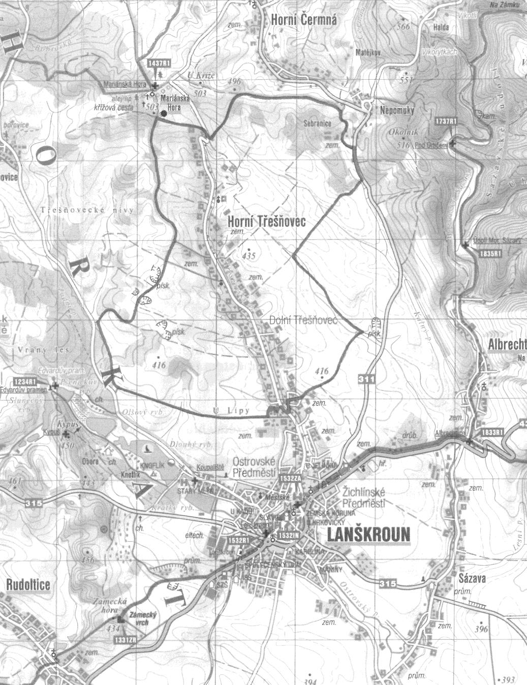 Koňské stezky TRA SA A Dolní Třešňovec - Mariánská Hora - Nepomuky - Sebranice - Dolní Třešňovec - značení - červená barva - celková délka 15,3 km Základní nejkratší okružní trasa je vhodná pro