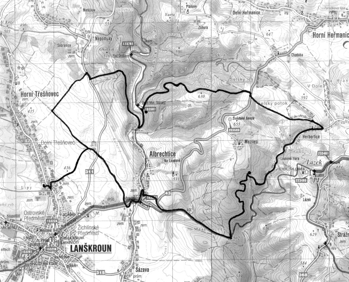 TRA SA C Dolní Třešňovec - Sázavské údolí - Herbortice - Albrechtice - Dolní Třešňovec - značení - modrá barva - celková délka 27,6 km Obtížná okružní trasa vedoucí velice členitou a rozmanitou