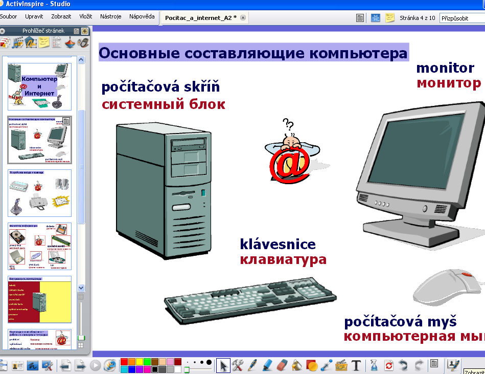Str. 4 - Nácvik a procvičení slovní zásoby (části počítače) - aktivace kliknutím na zavináč-české výrazy a kliknutím