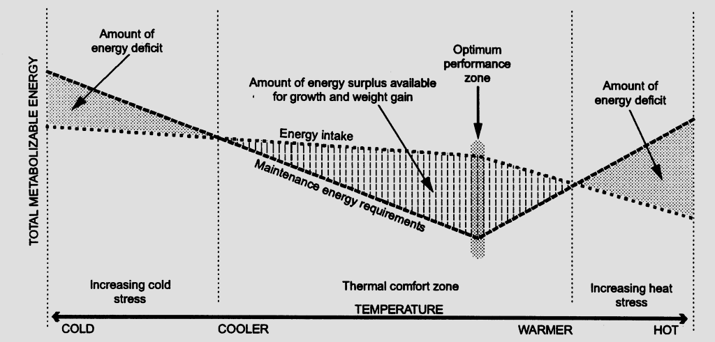 celková metabolizovatelná energie Energetický deficit vzrůstající chladový stres Energie dostupná pro růst a přírůstek příjem energie zóna tepelného komfortu TEPLOTA zóna optimální užitkovosti