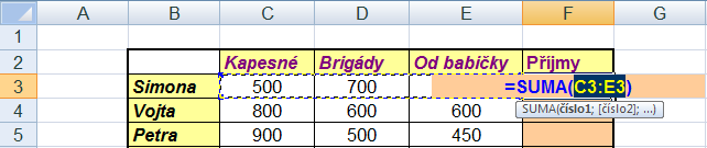 Pokud jste skutečně v buňkách C3, D3 a E3 je součet příjmů slečny Simony správný. Podobné vzorce můžete napsat i do dalších buněk F4 až F9.