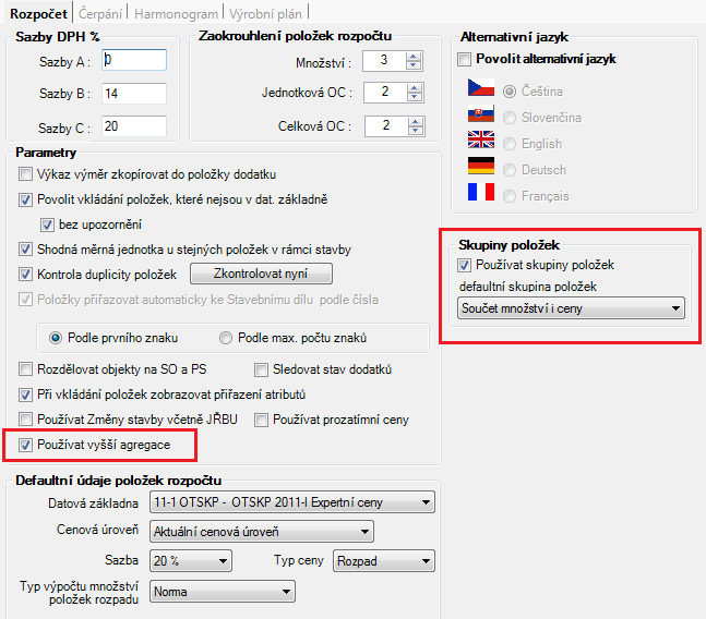 Modul Aspe Vyšší agregace Parametry stavby byly rozšířeny o funkci použití vyšších agregací, které mění pohled na stavbu.