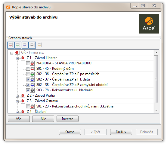 Kopírování staveb do archivu Pro možnost archivování staveb, se kterými se již nepracuje, byla vytvořena v modulu Aspe akce Kopie do archivu, která zkopíruje označené stavby do