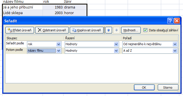 V menu přepneme na záložku Data a věnujeme pozornost ikonkám na obrázku. Před každou operací s daty je nutné vybrat data s kterými budeme pracovat.