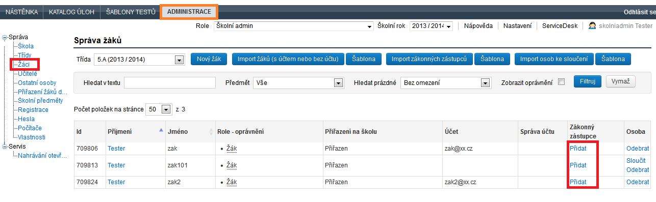 3.1.4.5.1 Samostatné přidání zákonného zástupce k účtu žáka Po přihlášení ke svému účtu žák tuto možnost nalezne v Osobní liště uživatele v Nastavení.