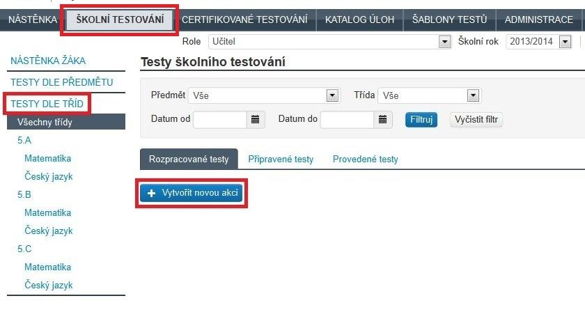 Obrázek 90 Vytvoření nové akce Obrazovka zobrazuje seznam akcí pomocí záložek dle jejich stavu: Rozpracované testy na této záložce je uveden seznam akcí, u kterých platí, že nejsou v daném čase