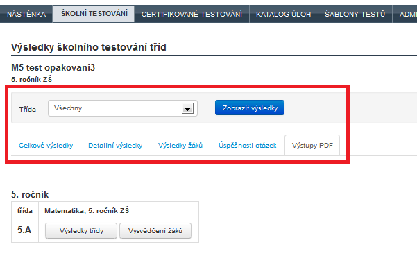 Obrázek 102 Vyhodnocení tříd výstup PDF Souhrnná vyhodnocení a porovnání (data porovnávající třídy a školu, úspěšnosti úloh atp.) jsou k dispozici do dalšího dne.