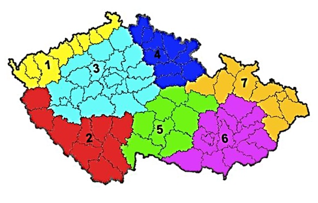 Vysočina (okresy Havlíčkův Brod, Chrudim, Jihlava, Jindřichův Hradec, Pelhřimov, Svitavy, Třebíč), jižní Morava (okresy Blansko, Brno město, Brno-venkov, Břeclav, Hodonín, Kroměříž, Olomouc,