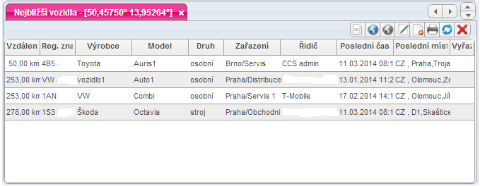 Funkce nejbližší vozidla slouží k vyhledání vozidel