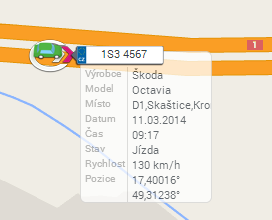 Kliknutím na ikonu Zobrazit vozidla na mapě se zobrazí vozidla na mapě, skrytí vozidel se provede kliknutím na ikonu Skrýt vozidla na mapě.