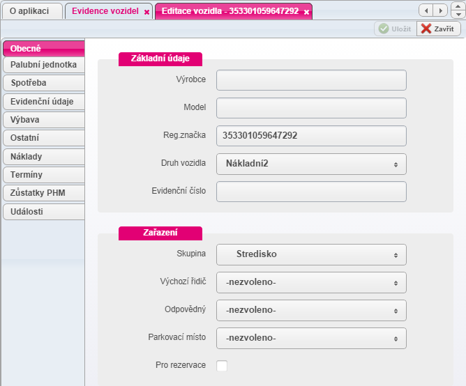 Obecné Na kartě Obecné lze evidovat základní údaje o vozidle a zařazení vozidla do skupiny (divize, středisko a další nižší organizační úrovně).