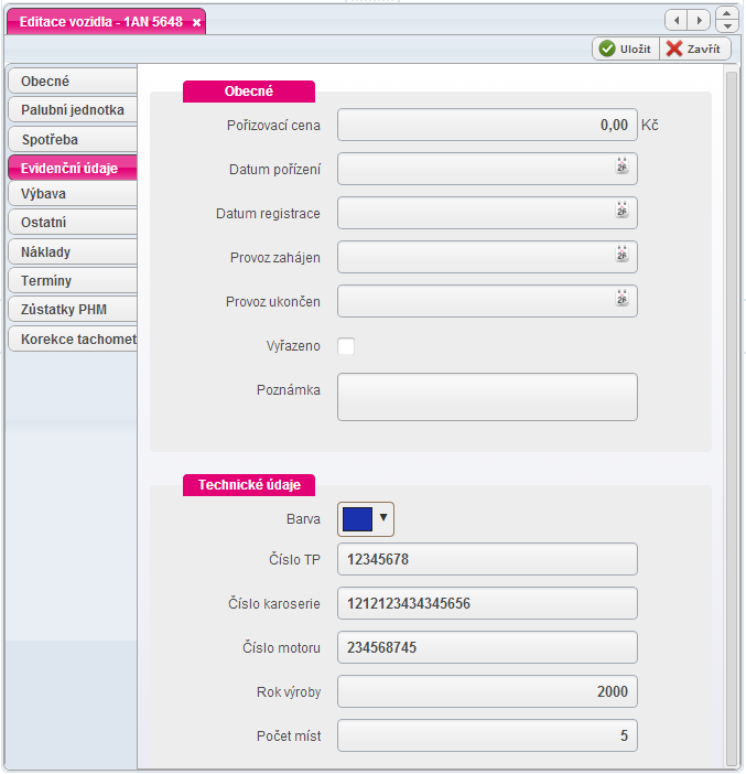 Vozidlo lze vyřadit z výpisů zaškrtnutím políčka Vyřazeno vozidlo se nebude zobrazovat v seznamu vozidel, ale