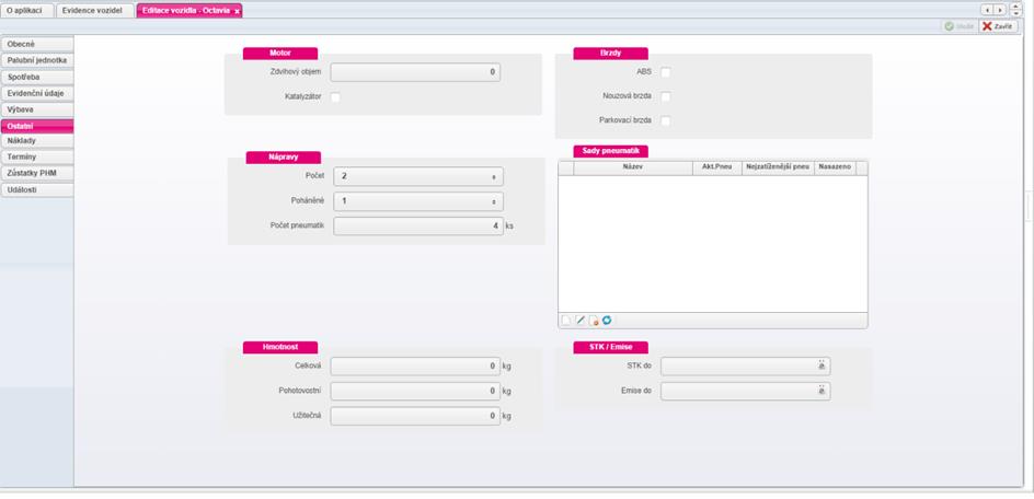 Můžete zde provozovat sklad pneumatik a zadávat údaje o jednotlivých pneu.