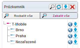 Popis hlavních ikon Ikona Popis Funkce Hledat Fulltextové vyhledávání vozidel a řidičů Obnovit Možnosti Skrýt Obnovení průzkumníku a mapy Pomocí této nabídky máme možnost v průzkumníku zobrazit pouze