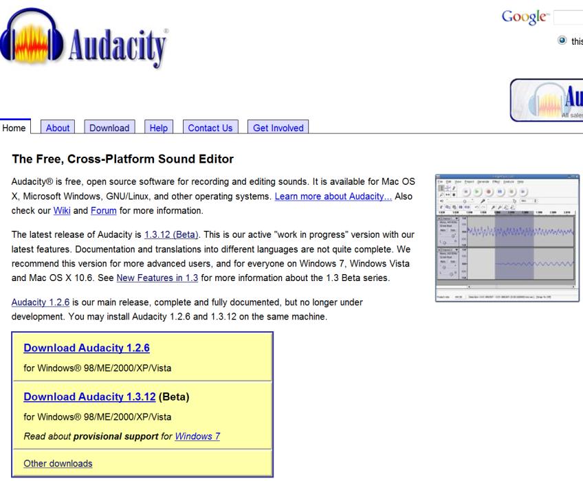Program Audacity v aktuální verzi stáhněte z webových stránek známých portálů 1 (Obrázek 37) nebo přímo z oficiálních