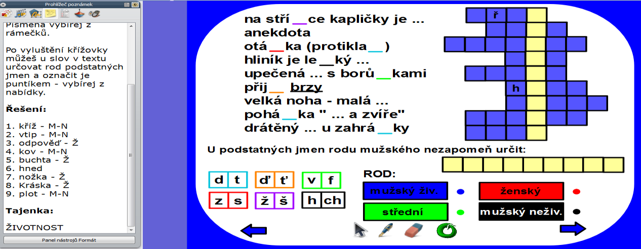 Možnosti zobrazení správného řešení na stránce Výukový materiál pro hodinu českého jazyka by měl obsahovat možnost snadné kontroly správného řešení.