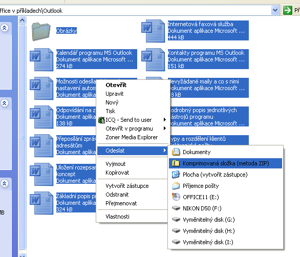 Vyberte ty soubory či složky, které budou tvořit zip soubor pro výběr klikněte na soubor či složku, další soubory či složky označíte stejným způsobem, ale se stisknutou klávesou Ctrl.