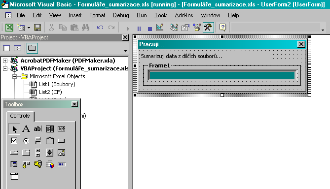 4. v menu Toolbox vám přibude nová ikona zobrazující prvek ProgressBar, tento prvek nám umožní zobrazit pruh, který se bude postupně zabarvovat v závislosti na tom kolik souborů je již zpracováno 5.