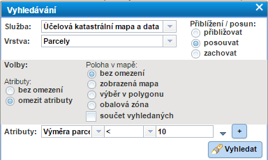 4.1 Vyhledávání Nástroj Vyhledávání slouží k nalezení prvku/prvků a jejich atributů na základě zvolených kritérií.