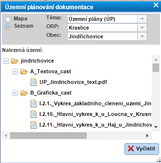 10.1 Územní plánování dokumentace Aplikace nabízí 2 možnosti vyhledání dat územního plánování za jednotlivé obce. Data je možné vyhledat výběrem v mapě nebo ze seznamu.