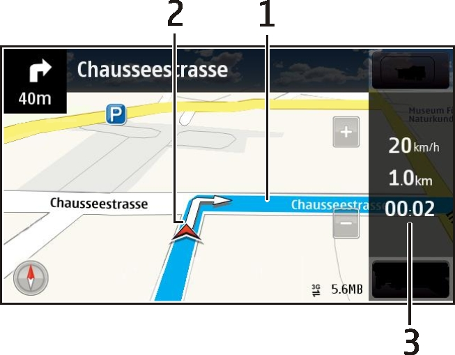 Mapy 83 Zobrazení Navigace 1 Trasa 2 Vaše poloha a směr 3 Panel informací (rychlost, vzdálenost, čas) Získání dopravních a bezpečnostních informací Při jízdě můžete využívat informace o dopravních