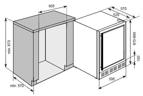 o DŮLEŽITÉ: Otvor ve vinotéce zajišťuje ventilaci. Neumisťujte před něj žádné předměty. Vestavná instalace o Vinotéka může být používána jako volně stojící či vestavná.