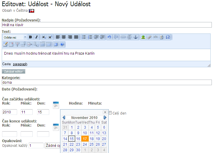 Úvod do ez Publish Nadpis: Vložte nadpis události. Text: Vložte text popisující událost. Kategorie: Zde máte možnost kategorizovat vaše události.