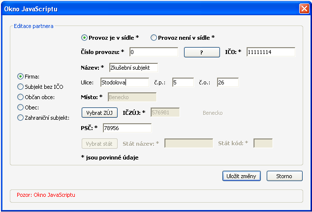 Editace údajů V případě, že chcete editovat údaje u partnera, označte ho v okně Výběr partnera kliknutím myší a stiskněte tlačítko Upravit partnera : Upravte