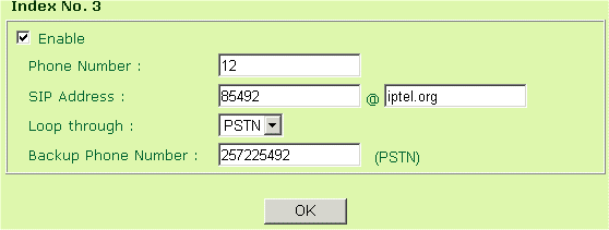 Kliknutím na položku telefonního seznamu ve sloupci Index se otevře konfigurační okno vybrané položky. Enable (zapnout): Umožňuje aktivaci a zobrazení telef.čísla v telef.