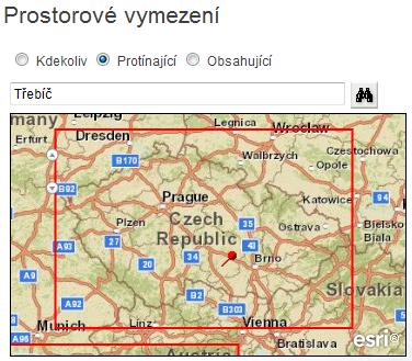 V tomto způsobu vyhledávání jsou k dispozici následující reţimy vyhodnocení: Kdekoliv systém nebere v úvahu prostorové vymezení Protínající jsou vyhledány metadatové záznamy, jejichţ geografické