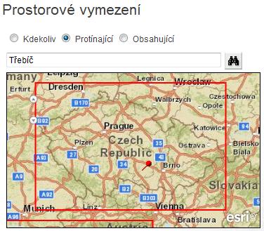 V tomto způsobu vyhledávání jsou k dispozici následující reţimy vyhodnocení: Kdekoliv systém nebere v úvahu prostorové vymezení Protínající jsou vyhledány metadatové záznamy, jejichţ geografické