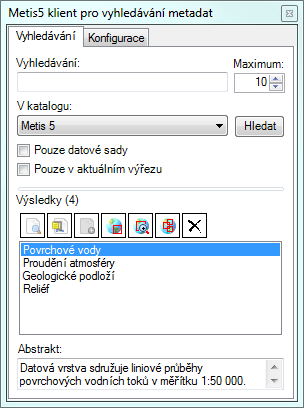 Obr. 26. metis5csw Základní ovládání probíhá v okně konfigurace, kde se zadá odkaz na dokument GetCapabilities příslušného metis5 CSW katalogu.