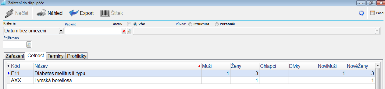 Četnost Záložka četnost slouží k přehlednému zobrazení souhnu četností jednotlivých dispenziárních onemocnění.