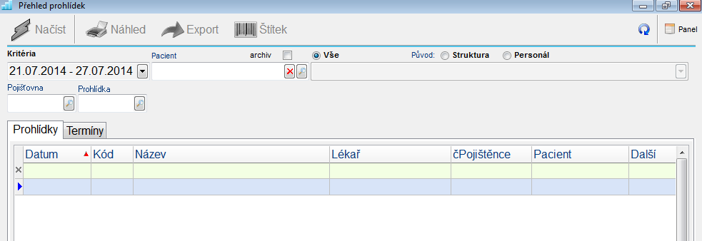 PŘEHLED PROHLÍDKY Přehled prohlídky slouží k zobrazení minulých prohlídek i budocích termínů prohlídek pacienta. Přehled je rozdělen na část s obecnými filtry a část se záložkami.