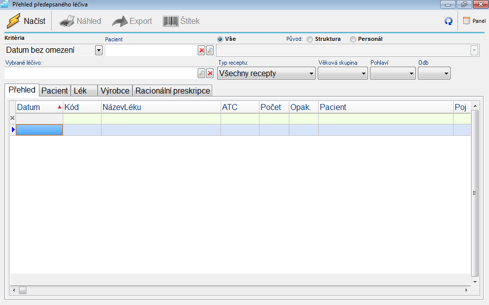 PŘEHLED PŘEDEPSANÉ LÉČIVO Přehled předepsané léčivo slouží k zobrazení kompletních statistik předepsaného léčiva.
