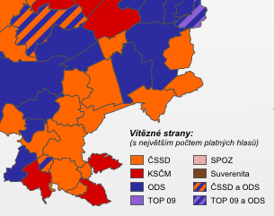 Mapy vítězných stran Obrázek 6.3 Metoda segmentových kartodiagramů Vítězné strany jsou v mapách atlasu zobrazeny pomocí metody kvalitativních areálů za použití kontextové barevné stupnice.