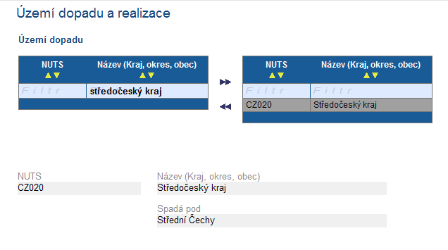 Pro výběr z databáze žadatel zadá do vyhledávacího pole počáteční část názvu, popř. celý název požadovaného území Stisknutím tlačítka Enter se zobrazí názvy dle zadaného Filtru.