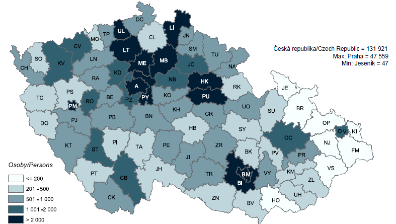 Obrázek 1 Rozmístění občanů Ukrajiny na území České republiky k 31. 12. 2008 Zdroj: ČSÚ, Cizinci v ČR 2008, http://www.czso.cz/csu/cizinci.