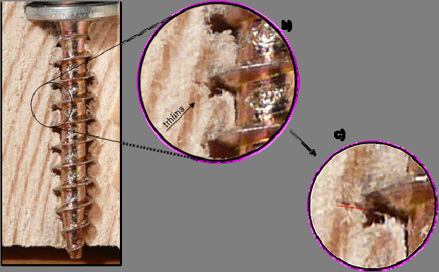 Obrázek 8: a) Pohled na zašroubovaný šroub s trhlinami u