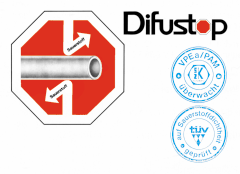 OTOPNÉ POTRUBÍ - DIFUSTOP Vlastnosti pevné spojení mezi ochrannou vrstvou a VPE vnitřní trubkou (netvoří se faldy) nepatrný tepelný odpor nemožnost pronikání kyslíku stejný koeficient tepelné