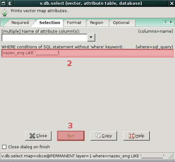 Modul v.db.select Modul v.db.select umožňuje provádět dotazy pouze nad atributovými daty připojenými k dané vektorové mapě. Je dostupný z menu Database Query Query vector attribute data.