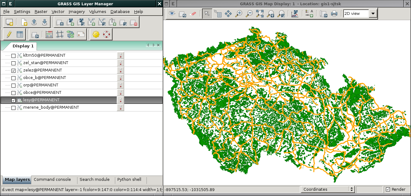 Obrázek 6.9: Naimportovaná data se automaticky přidají do stromu vrstev. Ukázka hromadného importu vektorových dat jako Python skript import os import grass.script as grass layers = grass.