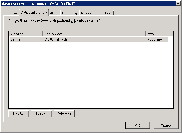 Obrázek 1.18: Příklad pro spuštění aktualizace OSGeo4W každý den v 8h ráno. 1.2 Úvod do systému GRASS Po instalaci (viz návod pro GNU/Linux a MS Windows) systému GRASS je potřeba opatřit geodata ve struktuře, kterou systém vyžaduje (viz koncept lokací a mapsetů).