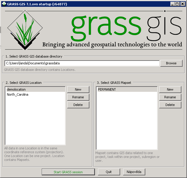 Lokalizaci je možné změnit v nastavení GUI systému GRASS Settings Preferences v záložce Appearance 1. Obrázek 8.4: Změna lokalizace uživatelského rozhraní systému GRASS na angličtinu.