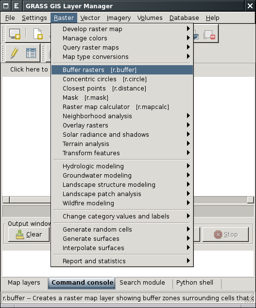 Obrázek 1.41: Spuštění modulu r.buffer z menu správce vrstev. z příkazové řádky správce vrstev Pokud jsou zadány všechny povinné parametry (v případě modulu r.