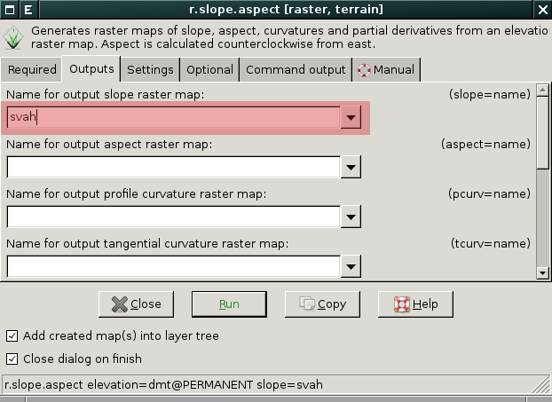 4.4 Analýzy povrchu Základní topografické analýzy povrchu poskytuje modul r.slope.aspect (Raster Terrain analysis Slope and aspect). Obrázek 4.